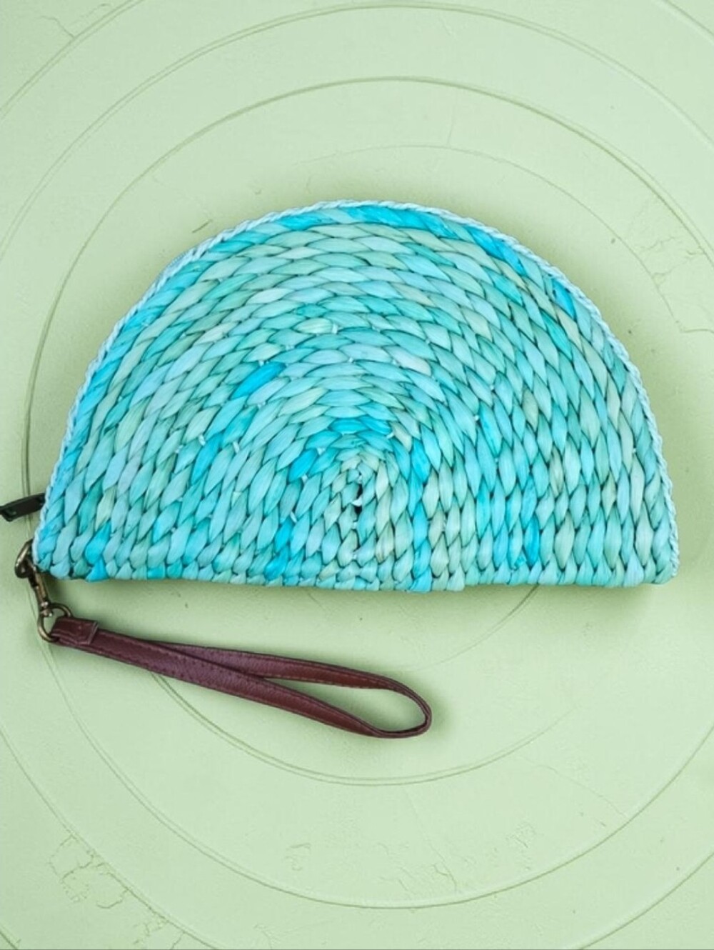 3am Forever Half Moon Blue Sea Glass Dyed Woven Straw Clutch w\ Leather Strap